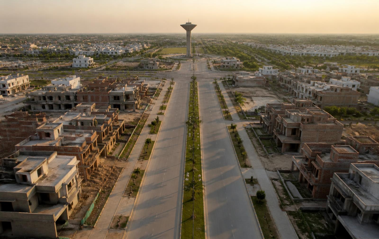 Aerial view of a modern gated housing society in Lahore with boulevards and overhead water reservoir